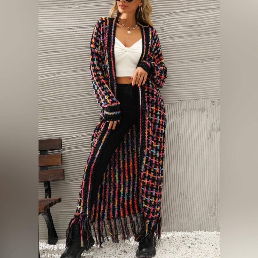 MULTICOLORED FRINGE HEM OPEN FRONT CARDIGAN